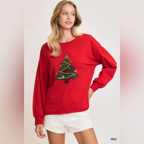 NWT Umgee Red Christmas Tree Sequin Terry Sweatshirt - Picture 3 of 5